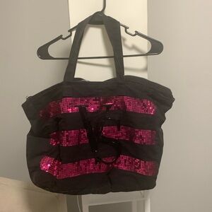 Victoria's Secret VS Black Pink Striped Sequin Canvas Tote Bag Weekender